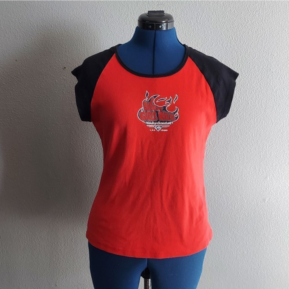 Harley Davidson Cafe Women's Red and Black T-shirt Medium
